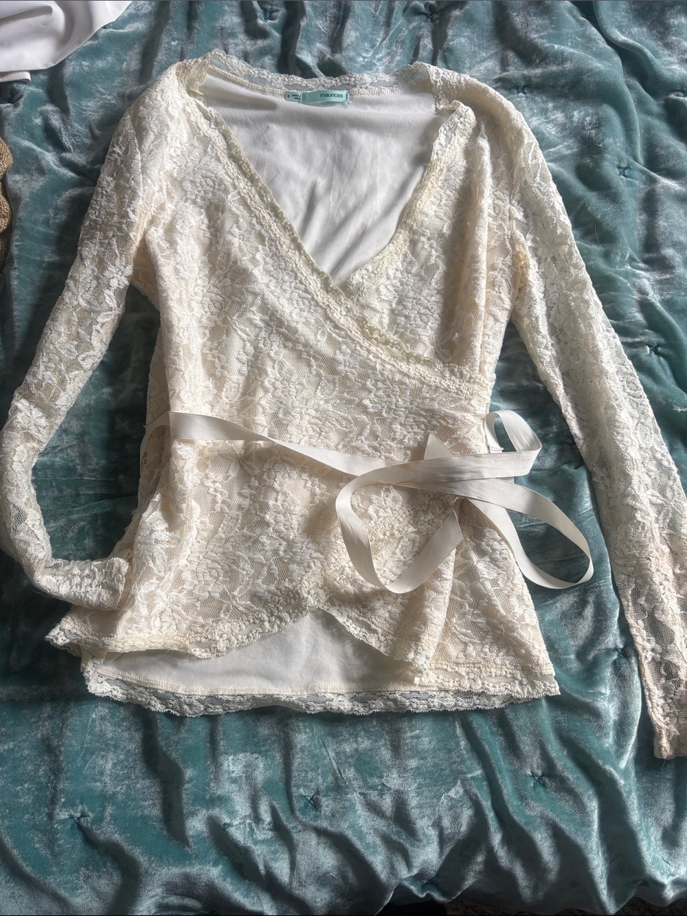 Maurices Cream Lace Wrap Top with Satin Tie